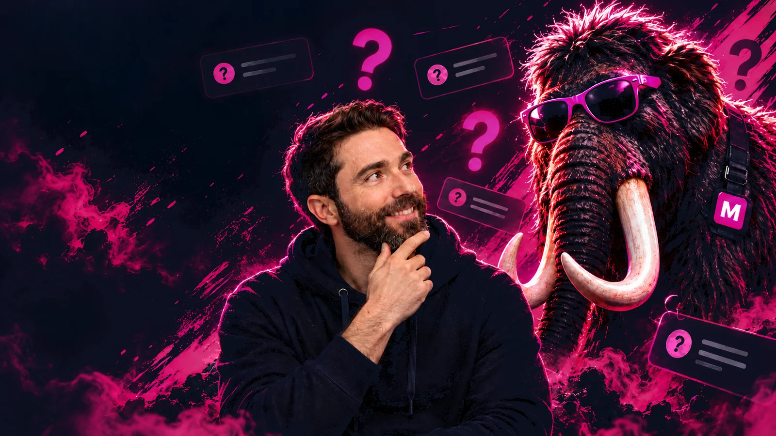Simon Moss and the MOSTADON mammoth surrounded by question marks