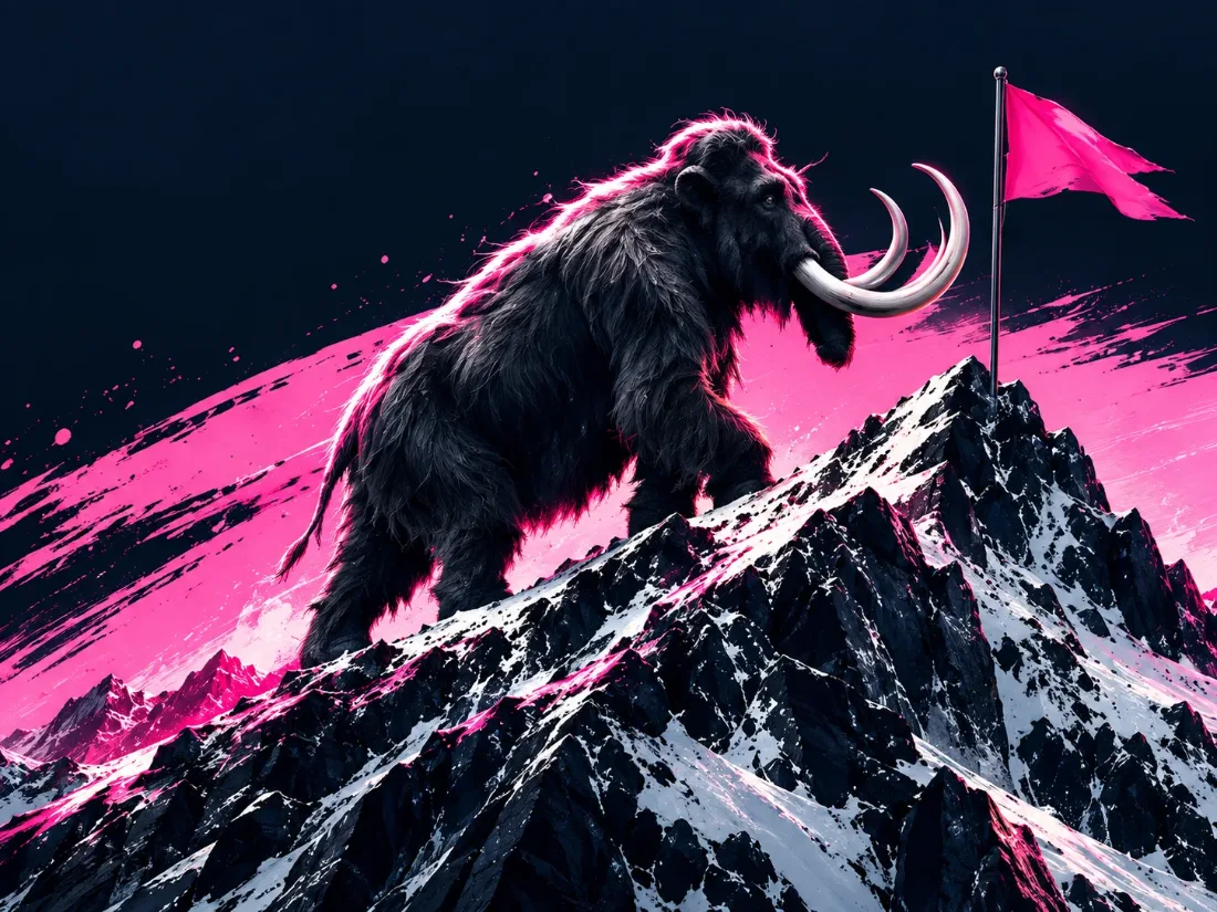 A woolly mammoth reaching a mountain summit next to a pink flag